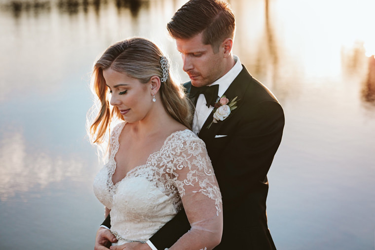 Elegant wedding portrait of the bride and groom at Bendooley Estate gardens