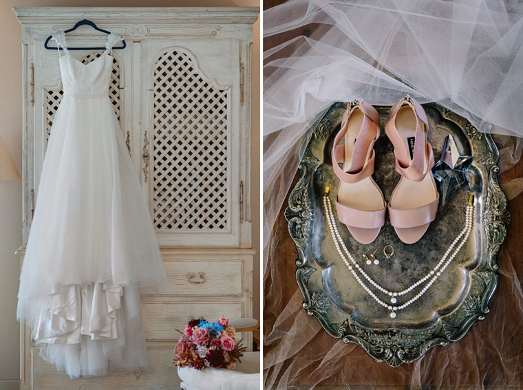 Brides dress and bridal jewellery details.