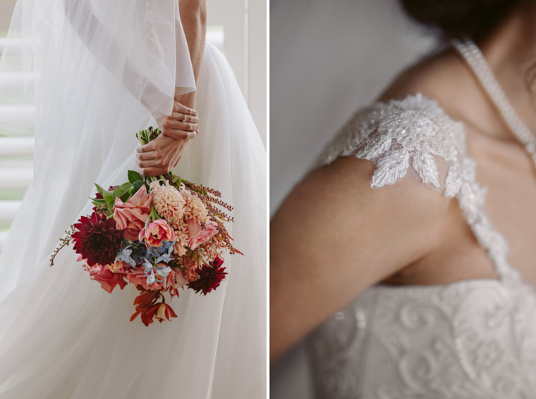 Bridal dress detail and flower bouquet.