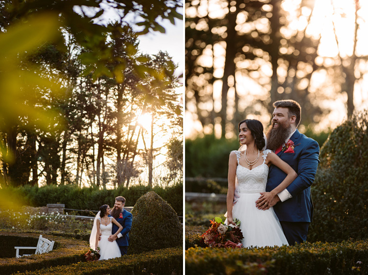 Bridal photos in the hedge maze, as sunset approaches.