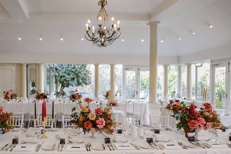 Detail of floral styling at wedding reception.