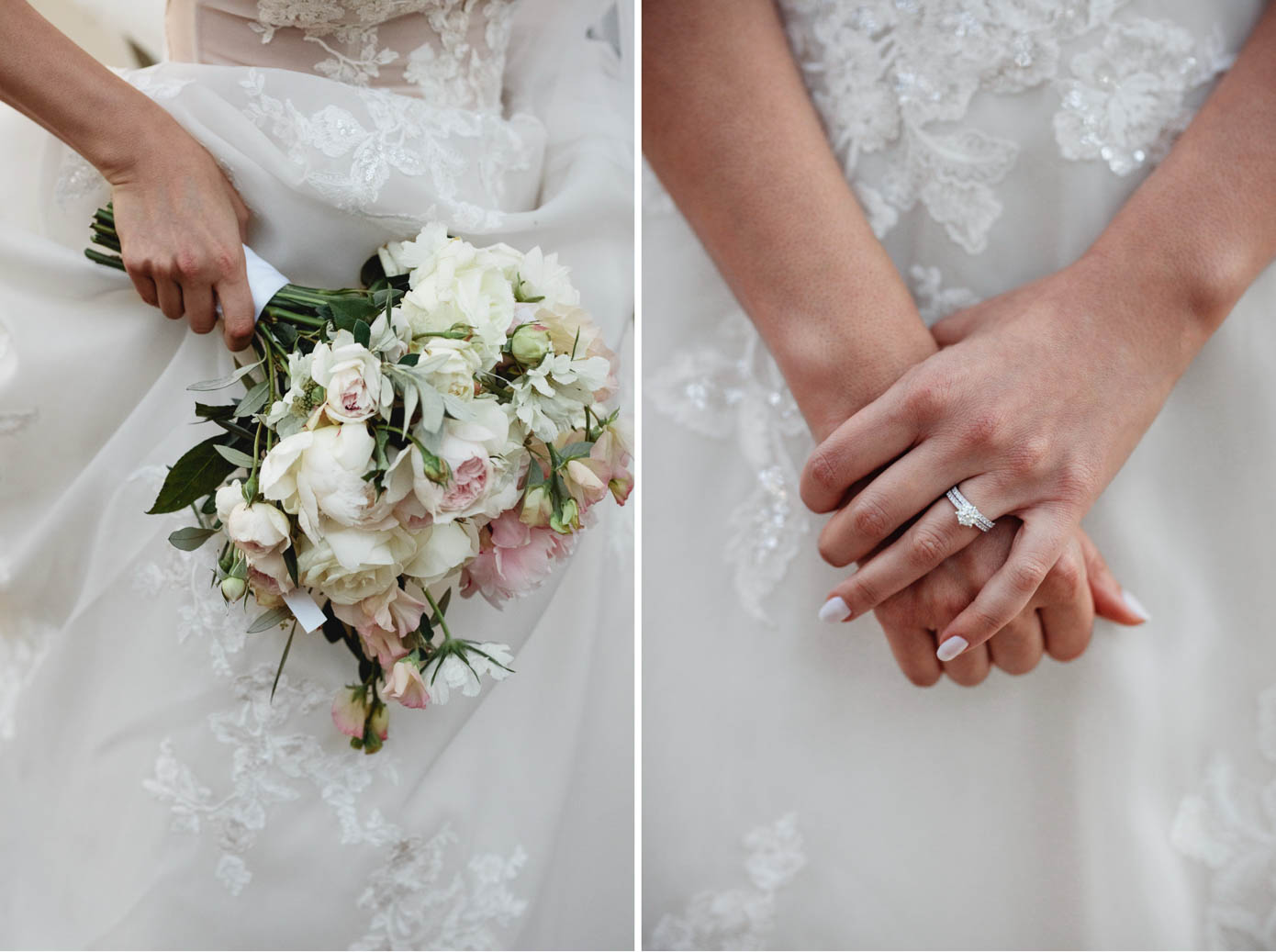 A close-up of the bride’s hands holding a bouquet of delicate white roses and greenery.