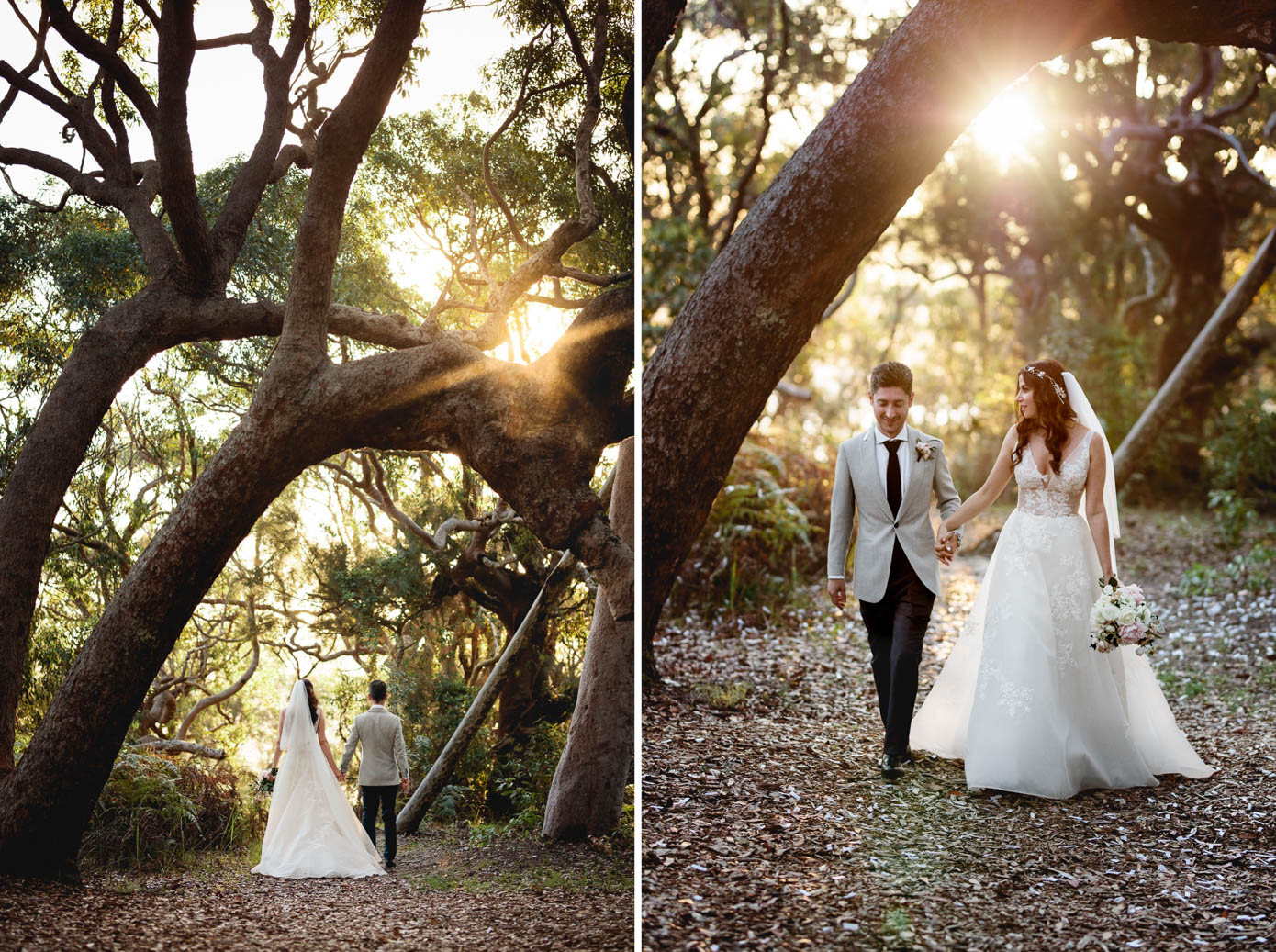 The newlyweds take a romantic walk through the forest, framed by soft golden light.