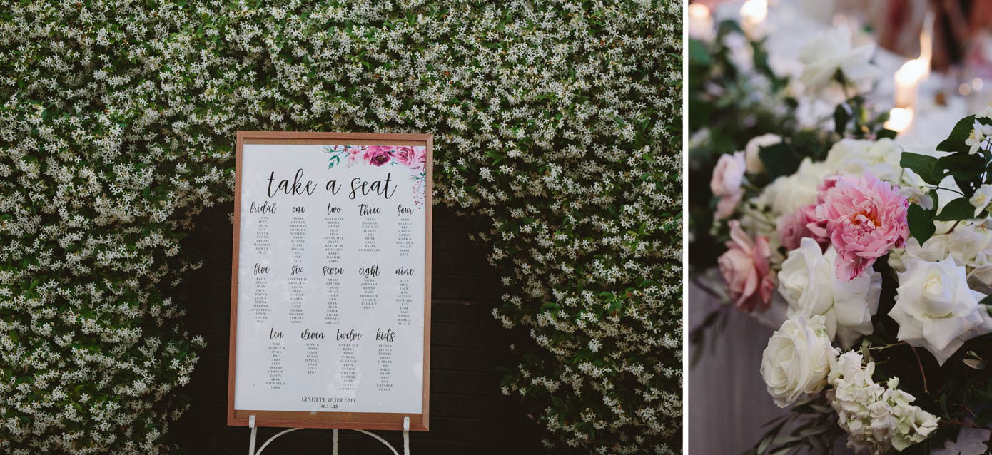 A wedding seating chart displayed against a lush green hedge, guiding guests to their tables.