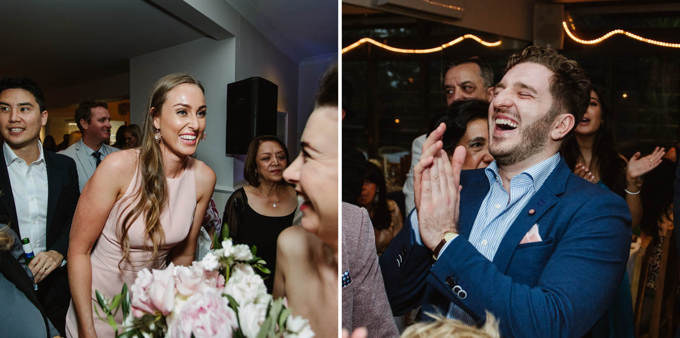 The bride and groom share a heartfelt laugh during the wedding speeches.