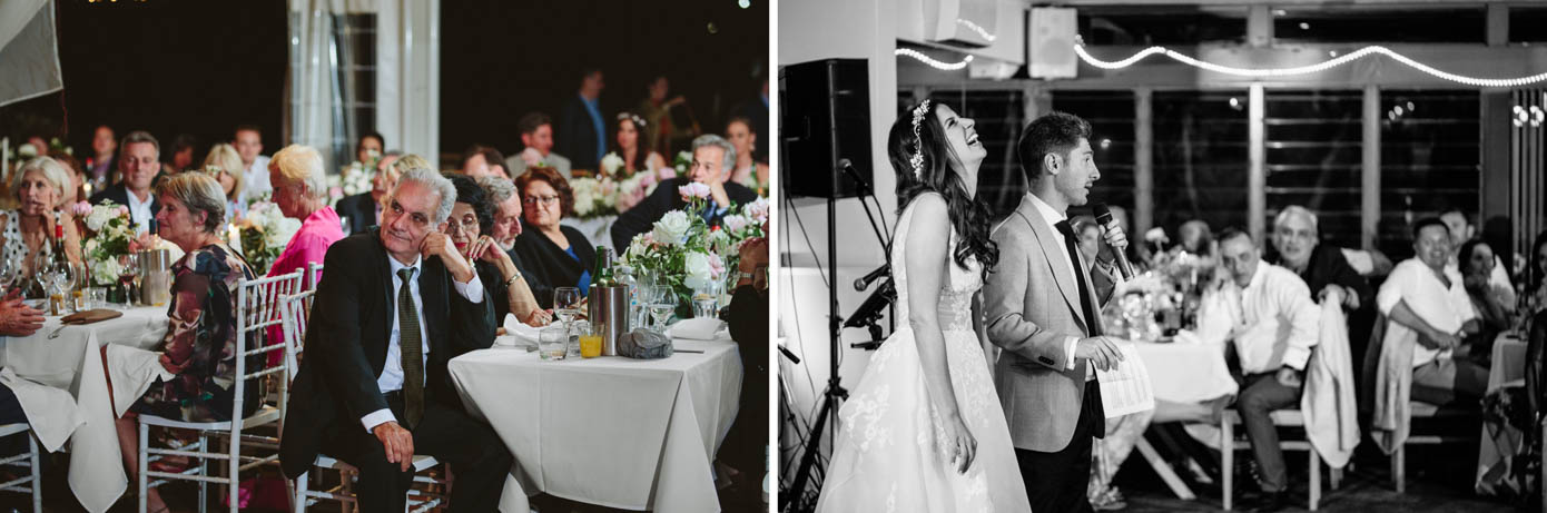 Guests raise their glasses in a toast, celebrating the newlyweds in a joyful atmosphere.